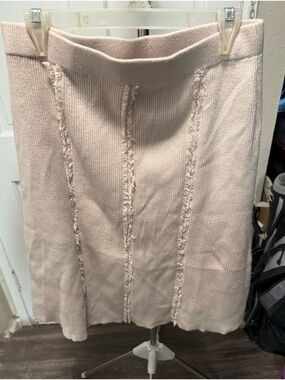 Sioni Beige Fringe-Trim Knit Midi Skirt